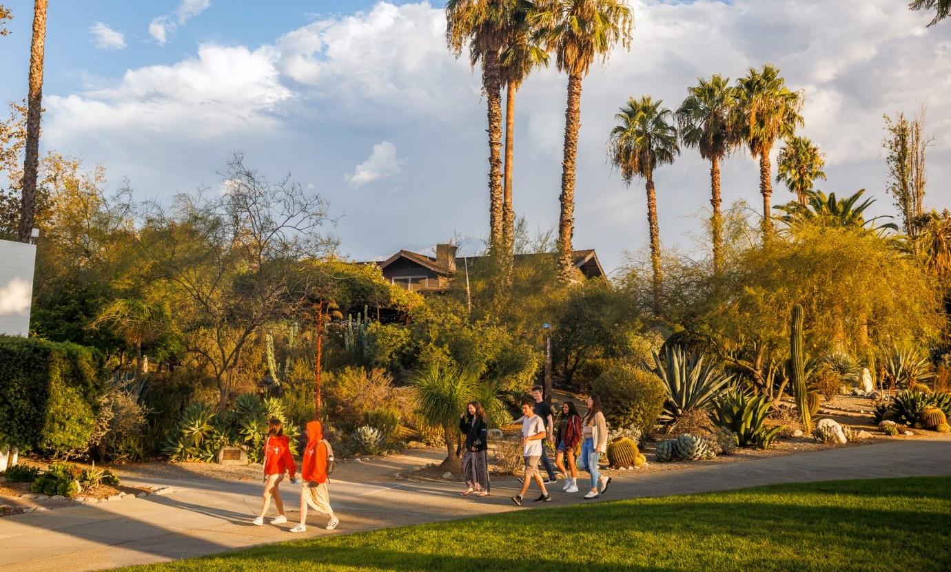 Students walking in front of palm trees